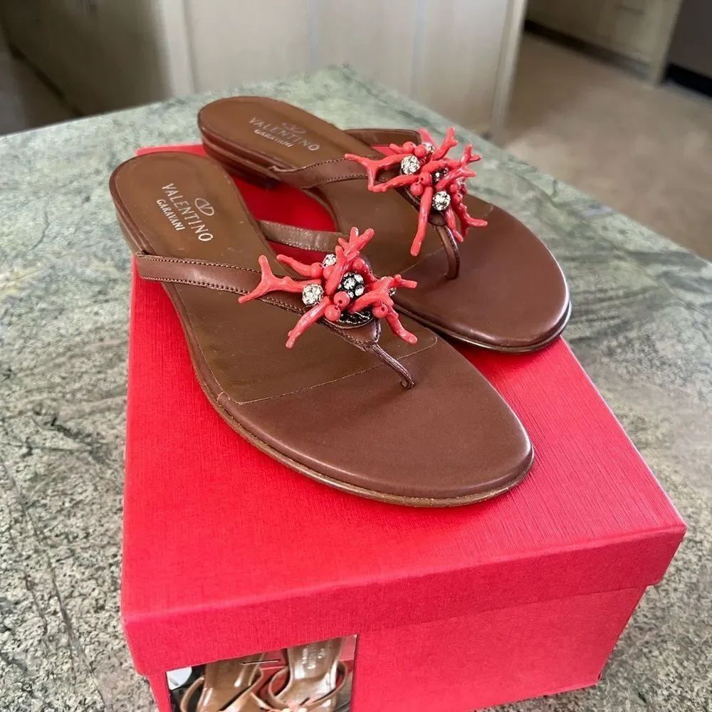 Valentino Women's Sandals in Brown with Red Details 8.5